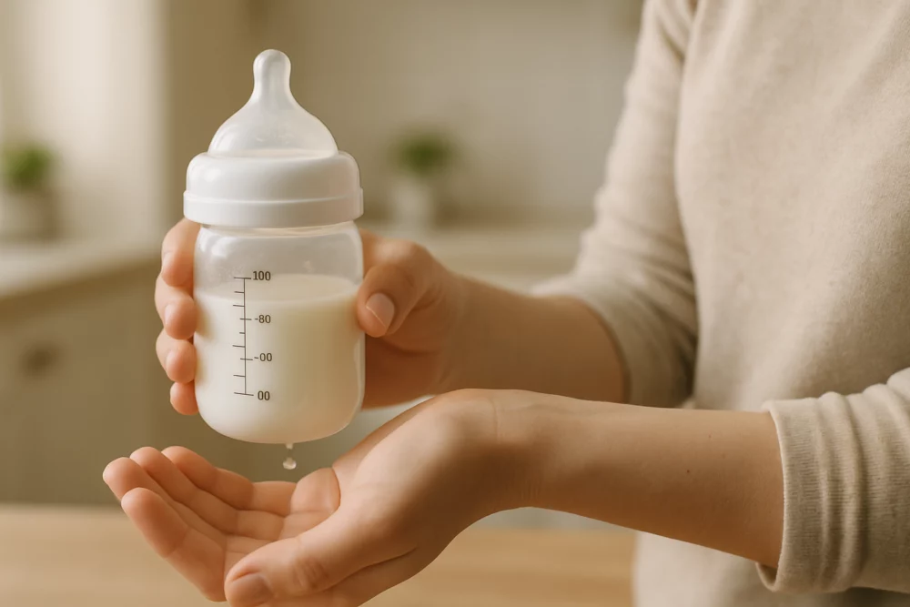 Baby bottle standing in a bowl of warm water to heat the formula milk gently