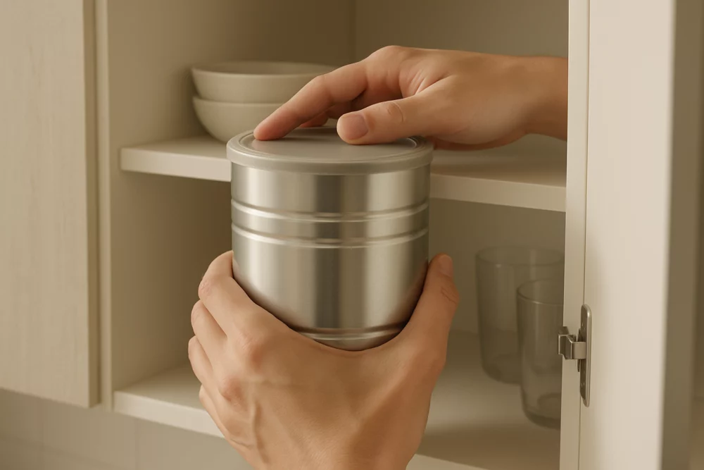 Eltern verschliessen eine Dose Milchpulver und stellen sie in den Küchenschrank
