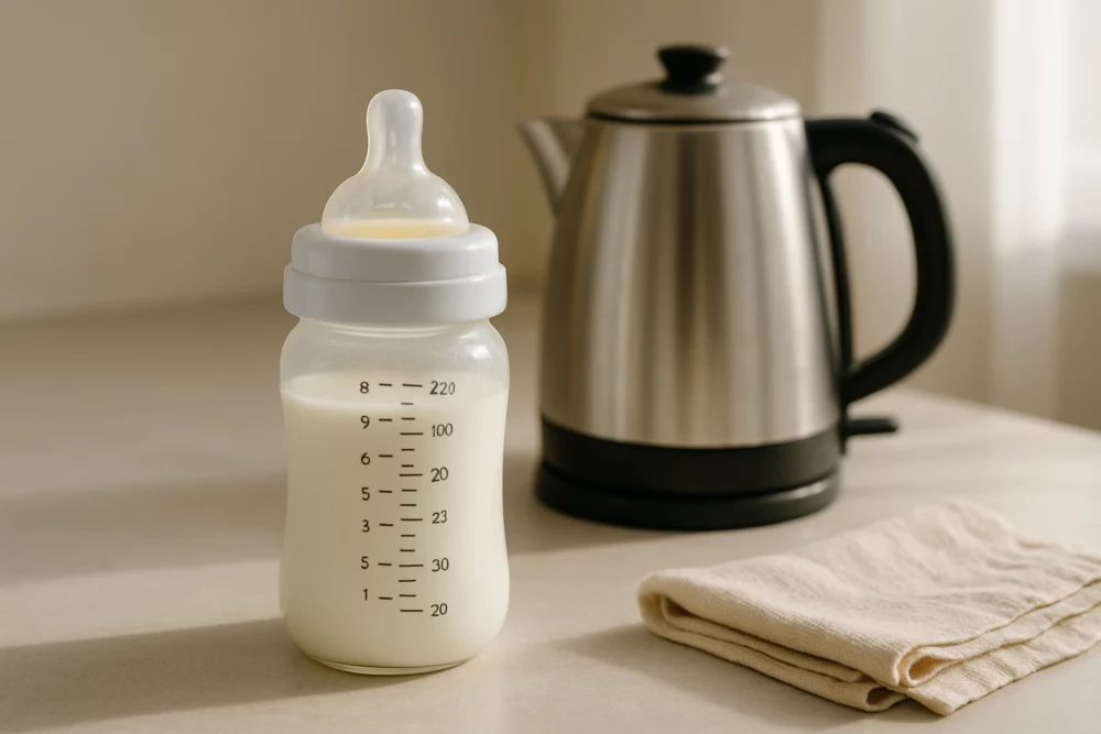 Frisch zubereitete Flasche Milchnahrung auf einem hellen Küchentisch