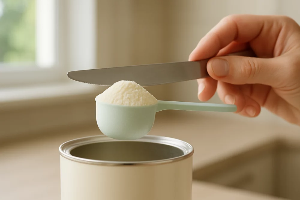 Baby bottle filled with measured water, read at eye level before the powder is added