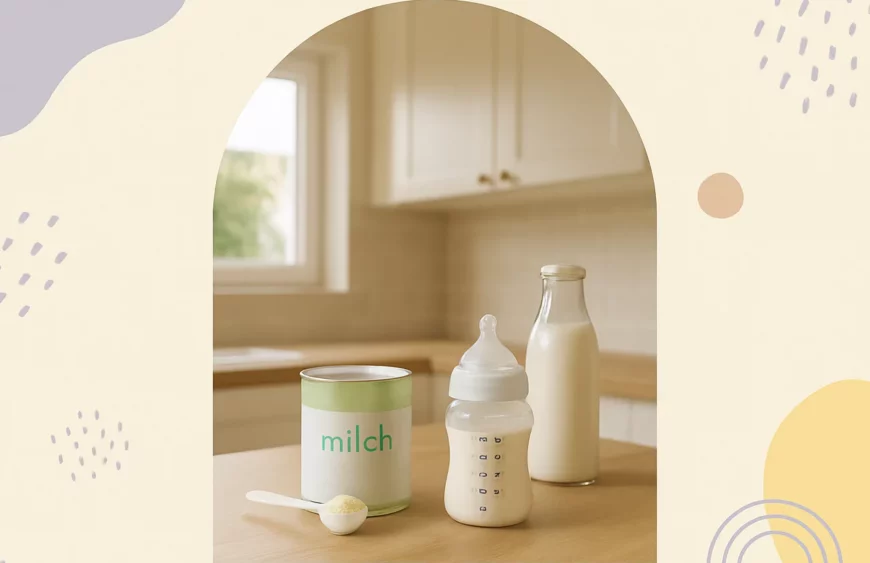 Offene Dose Milchpulver und Babyflasche auf Küchentheke, Thema Milchnahrung Haltbarkeit